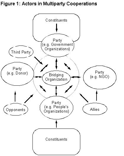 Figure 1 showing bridging organization as intermediary among disparate organizations, some allies and some enemies