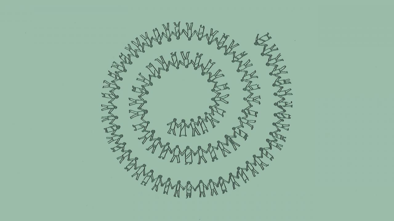 drawing of dozens of people, holding hands, in spiral