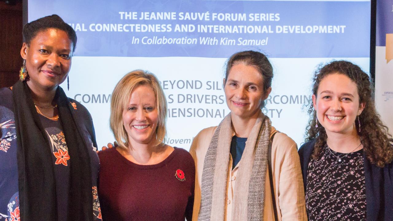 Marlene Ogawa and Kim Samuel with other speakers at Jeanne Sauvé Forum Series on Social Connectedness and International Development, fall 2017