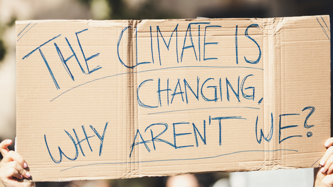 cardboard poster that reads 'the planet is changing, why aren't we?'